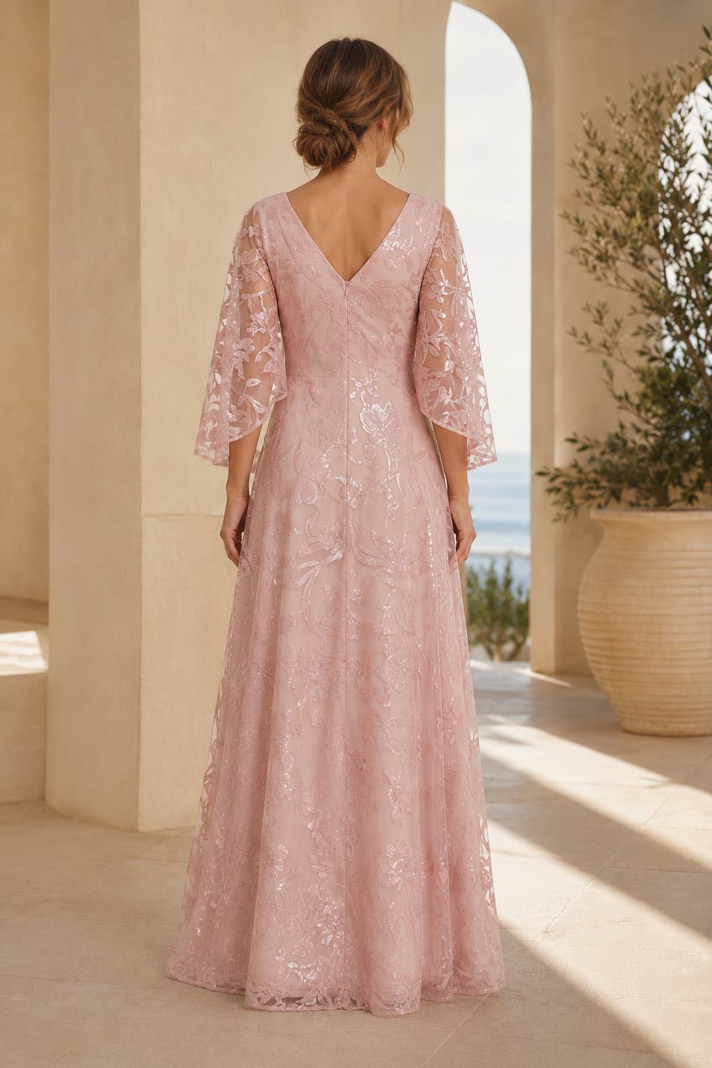 V-Neck Embroidered A-Line Gown with Flutter Sleeves