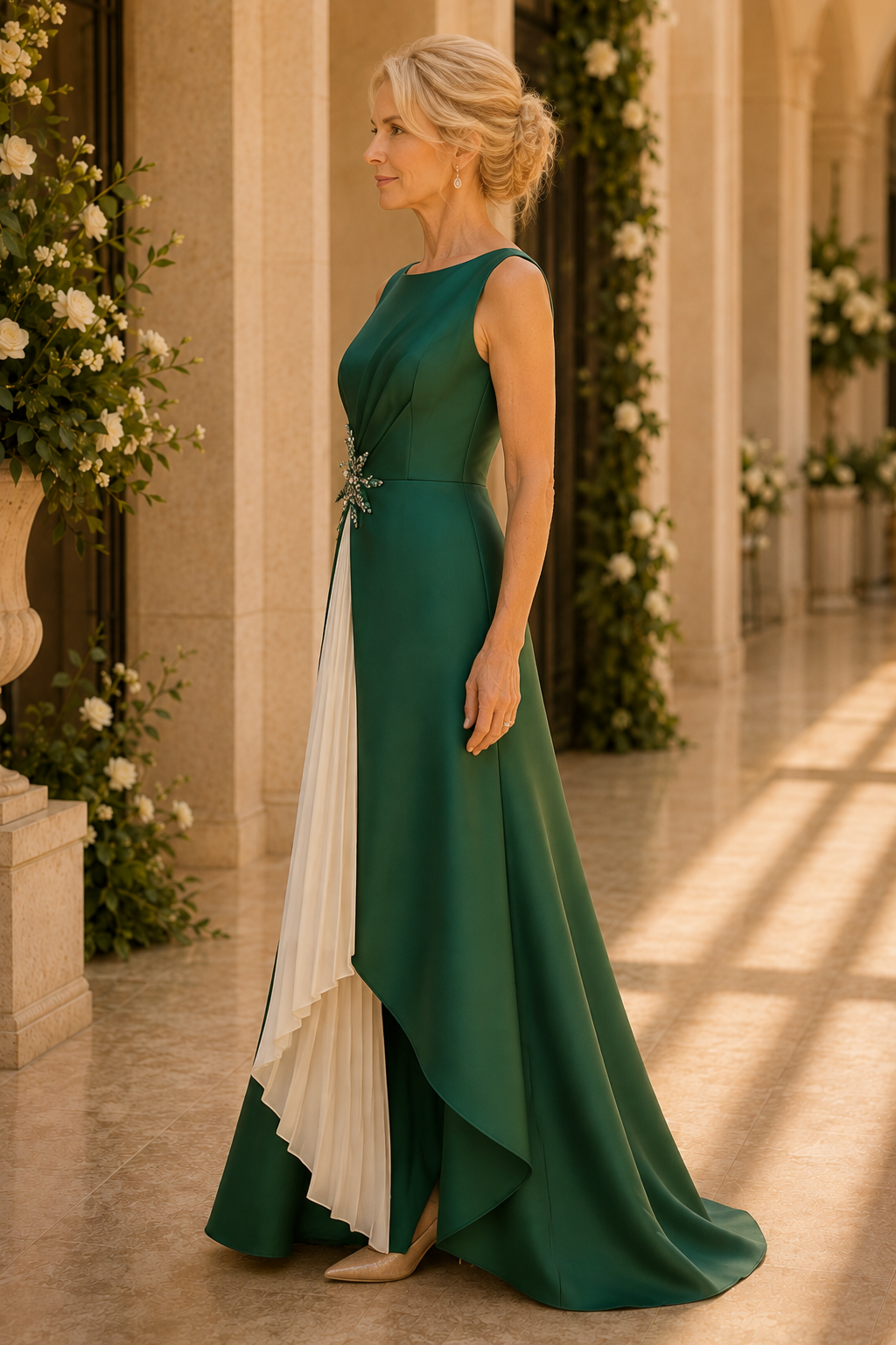 Pleated Inset High-Low Gown with Brooch Detail