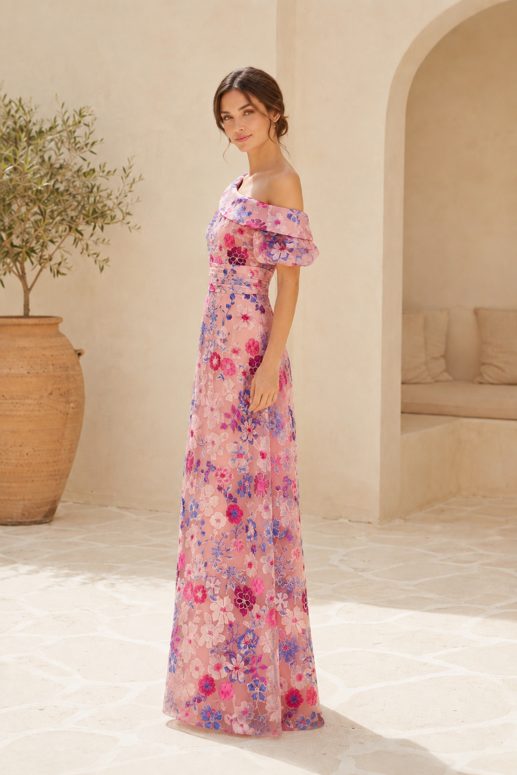 One-Shoulder Floral Embroidered A-Line Evening Gown
