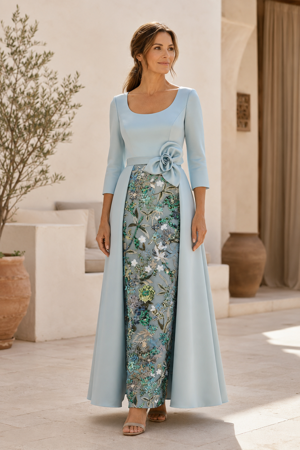 3/4 Sleeve Scoop Neck Gown with Floral Embroidered Skirt