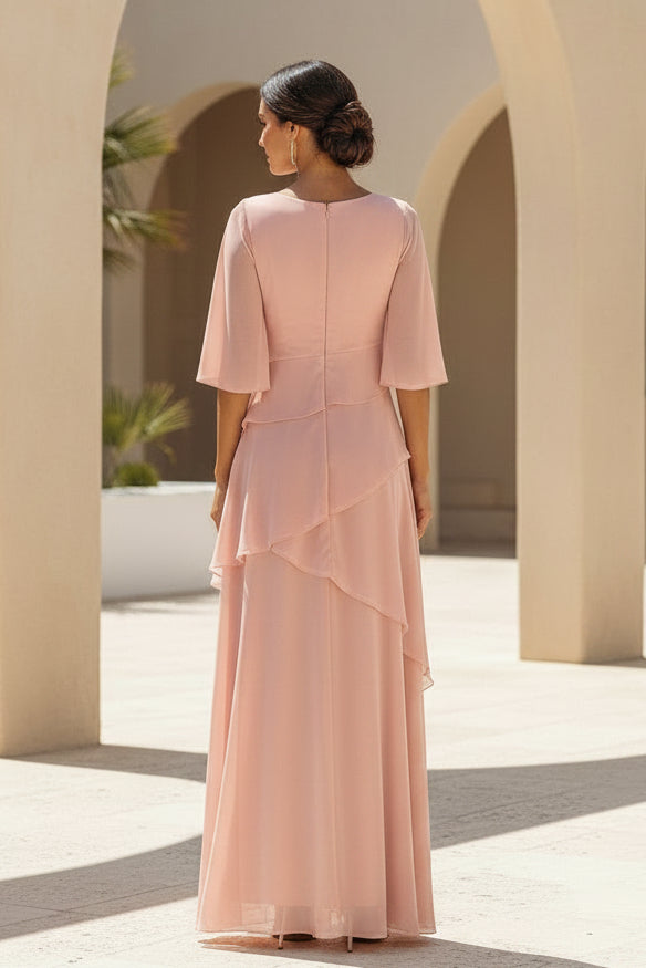 Chiffon Tiered Flutter Sleeve Maxi Formal Dress