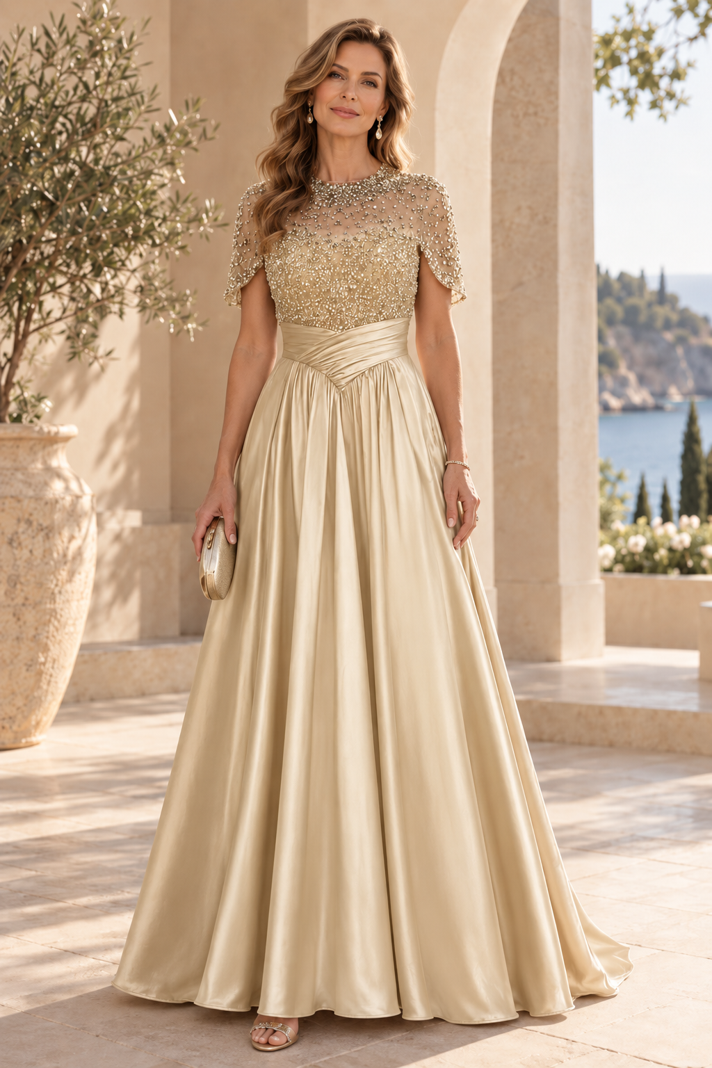 Beaded Illusion Capelet Satin A-Line Gown