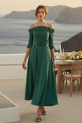 3D Floral Off-the-Shoulder A-Line Tea-Length Dress