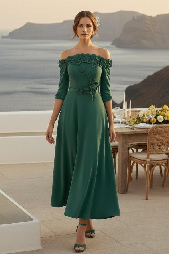 3D Floral Off-the-Shoulder A-Line Tea-Length Dress