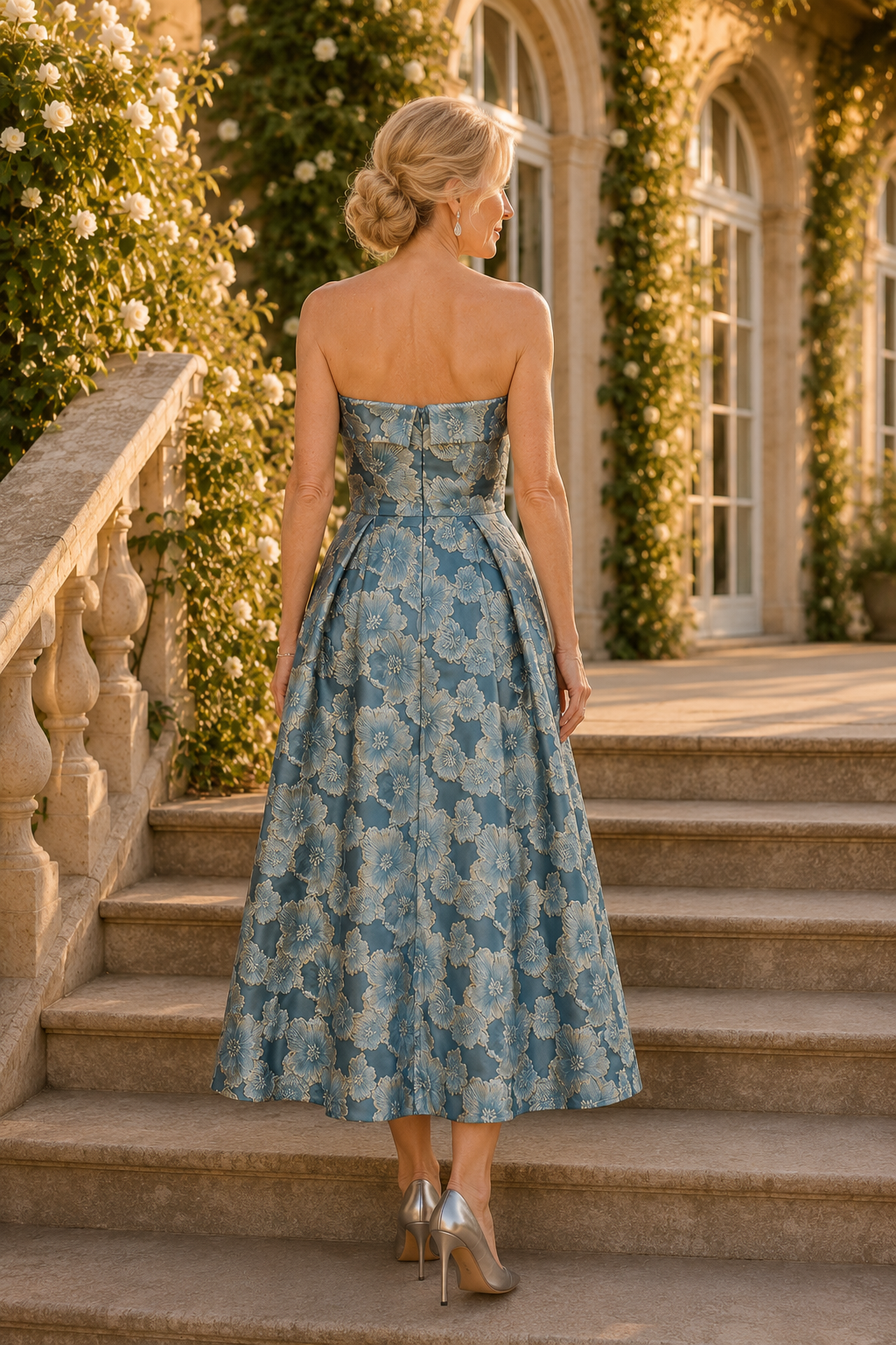 Strapless Floral Jacquard Tea-Length A-Line Dress