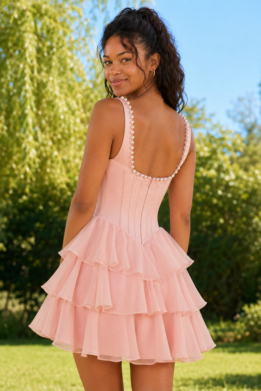 Pearl Trim Corset Tiered Ruffle Mini Dress