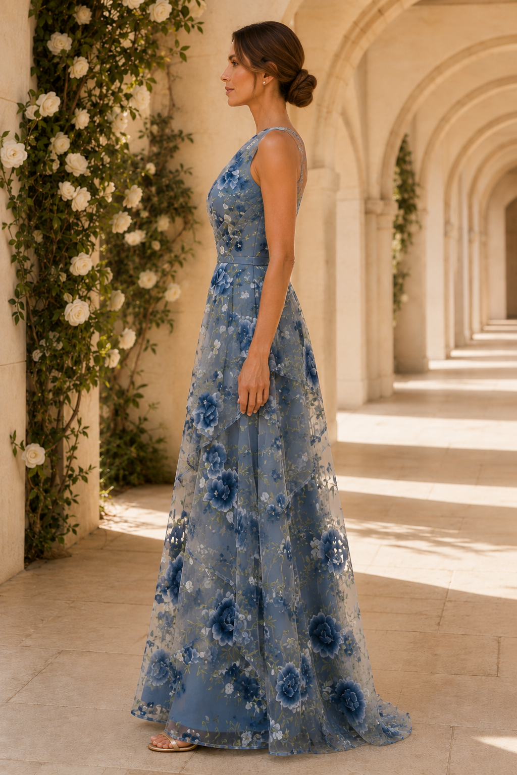 Floral One-Shoulder Tiered A-Line Gown