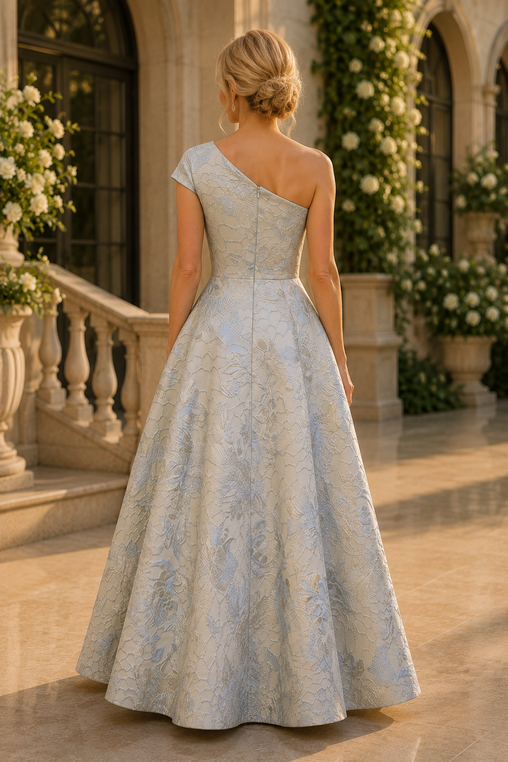 One-Shoulder Floral Jacquard A-Line Gown