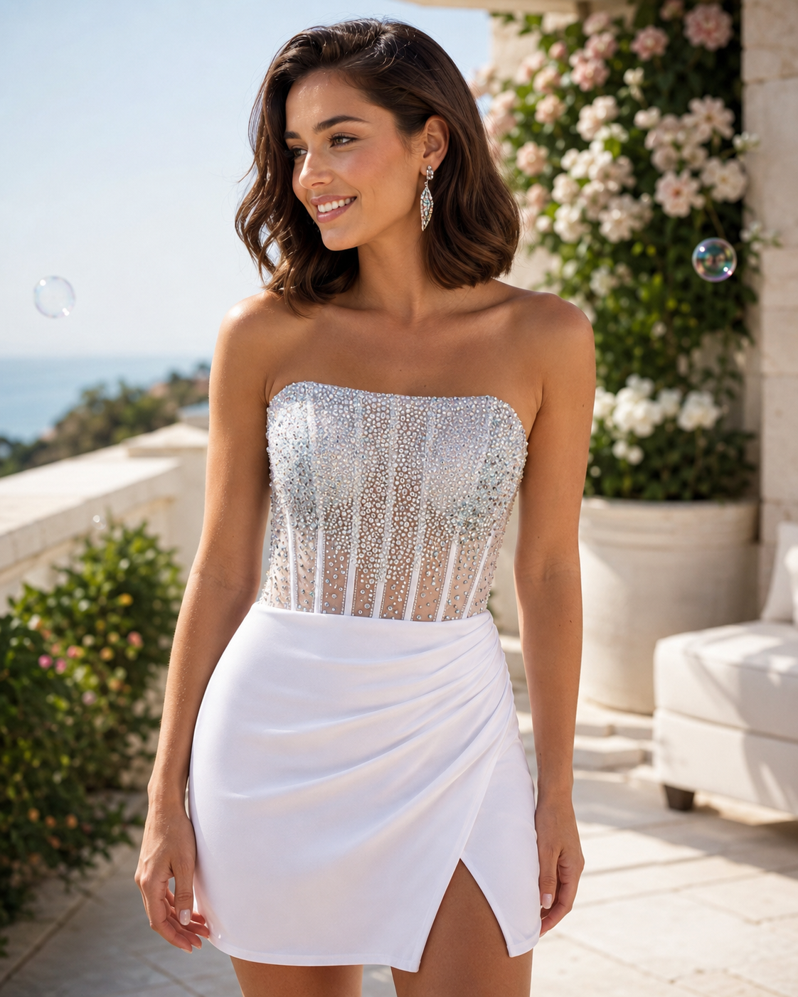 Strapless Beaded Corset Satin Mini Dress