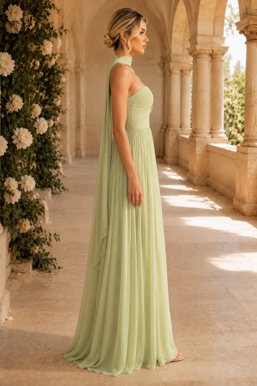 Trägerloses, gerafftes Maxikleid mit Schal-Ausschnitt