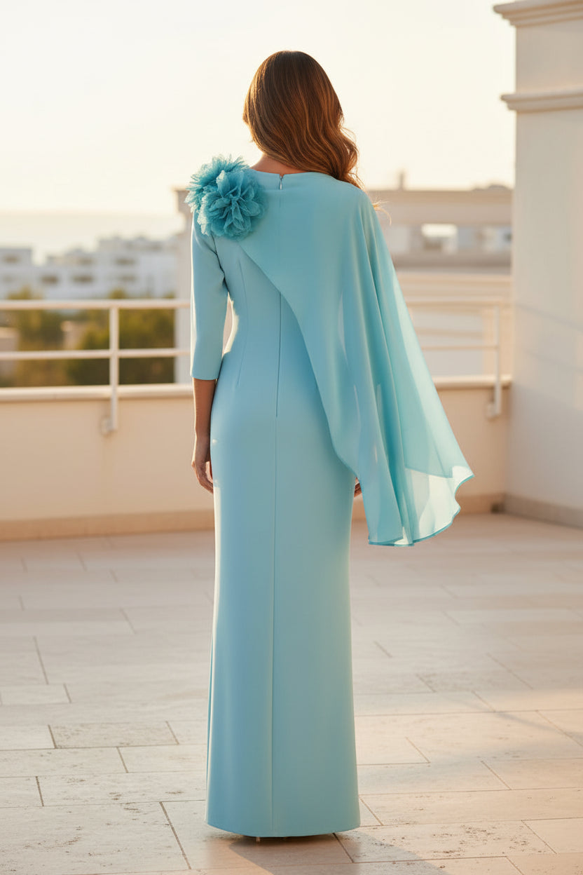 Crepe Sheath Gown with Chiffon Cape & 3D Flower