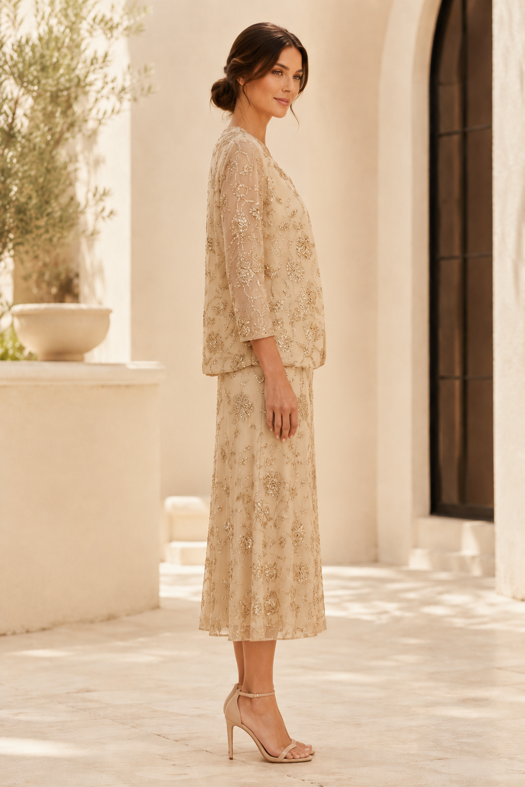 Sequin Beaded Floral Midi Dress with Jacket