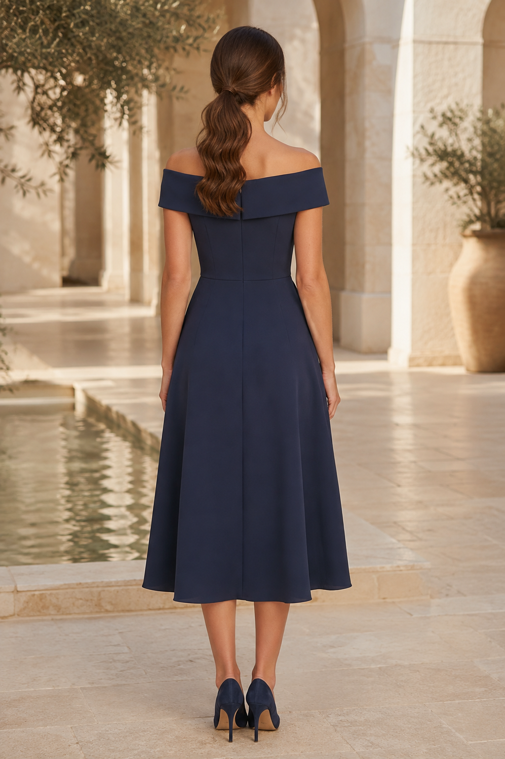 Off-the-Shoulder Midi Dress with Cascading Ruffle Skirt