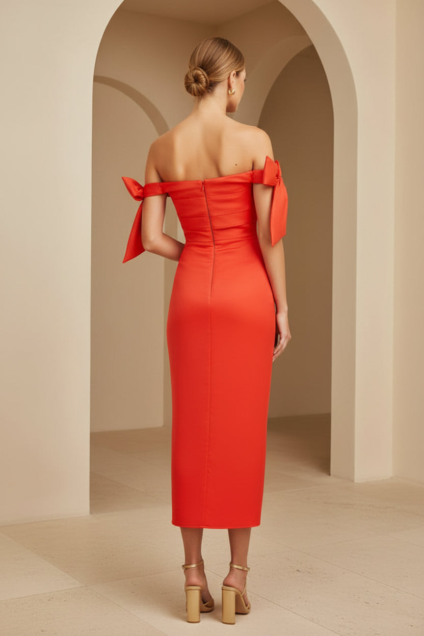 Off-the-Shoulder Bow Midi Dress