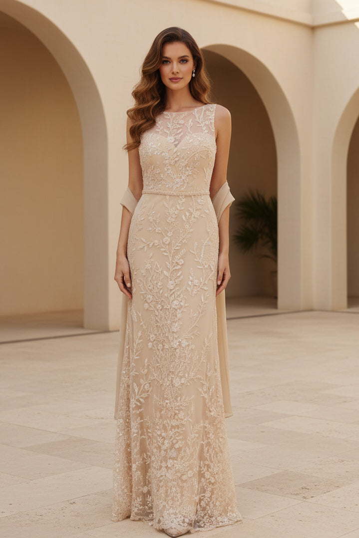 Floral Lace Sheath Gown with Chiffon Shawl