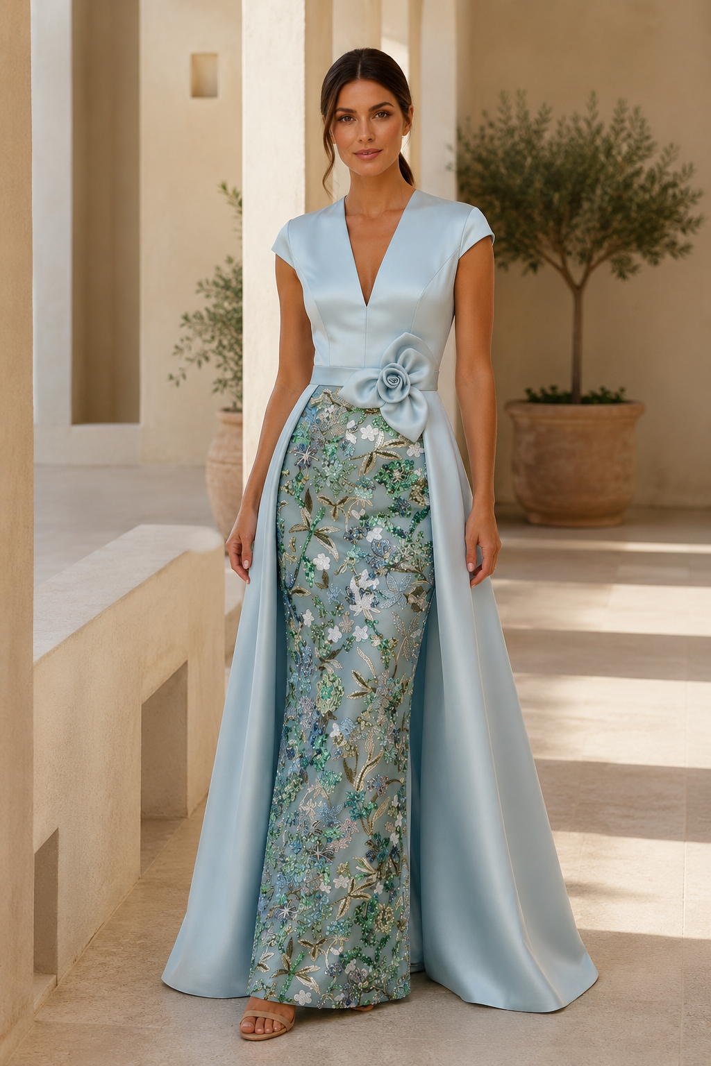 Floral Embroidered Gown with Satin Overskirt