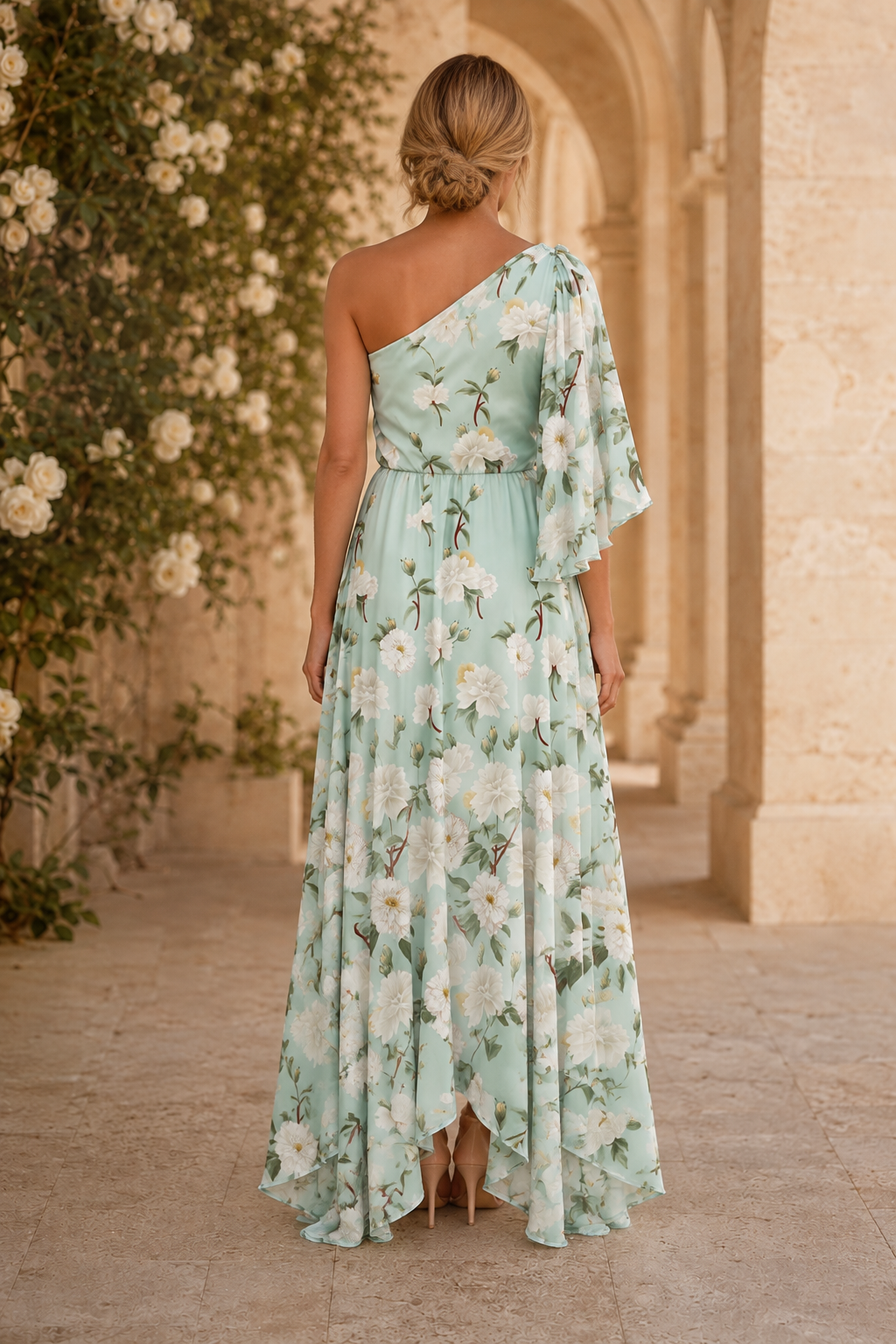 Geblümtes One-Shoulder High-Low Maxikleid