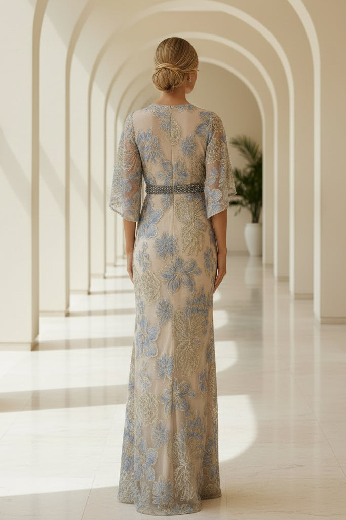 Floral Lace Flutter Sleeve V-Neck Evening Gown