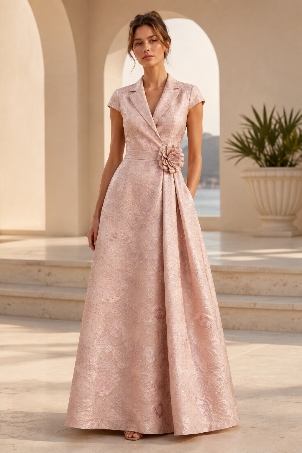 Collared Brocade A-Line Gown with 3D Flower