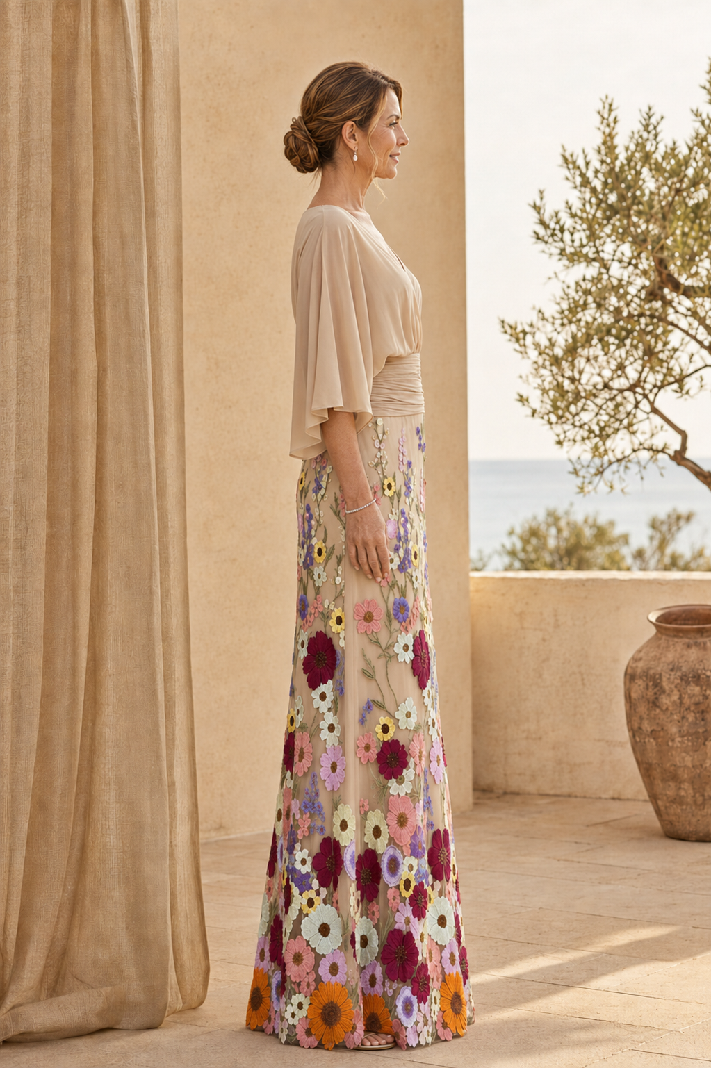 Embroidered Floral Maxi Dress with Flutter Sleeves