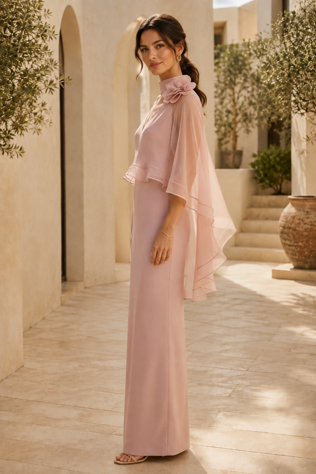 High Neck Sheath Column Gown with Floral Cape