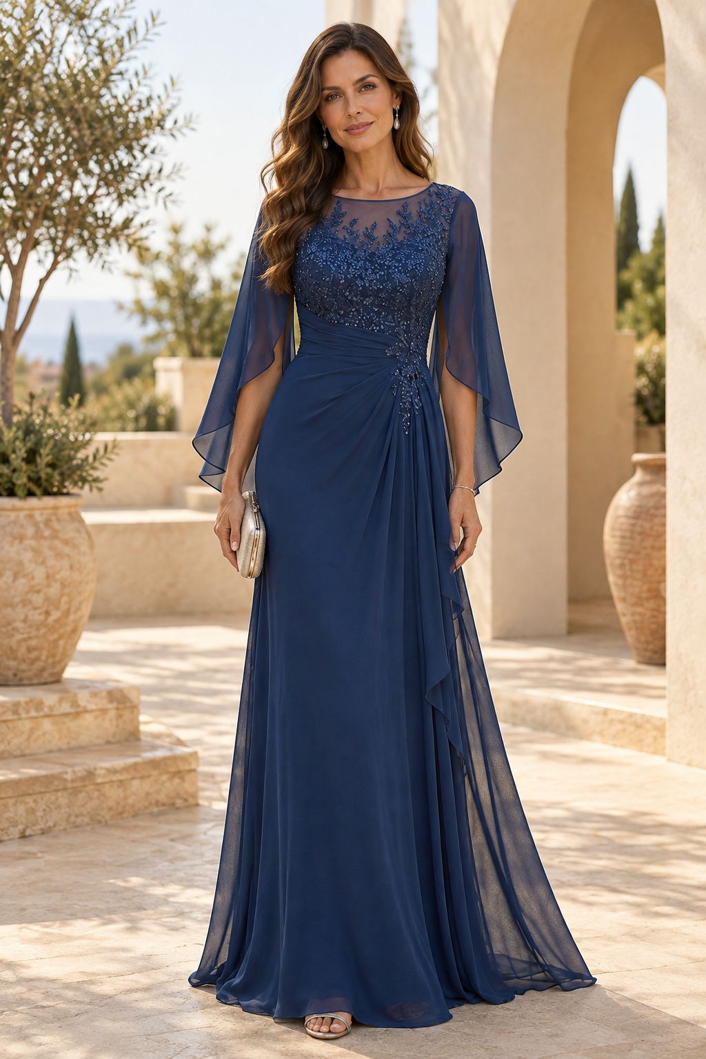 Chiffon A-Line Gown with Cape Sleeves & Beads