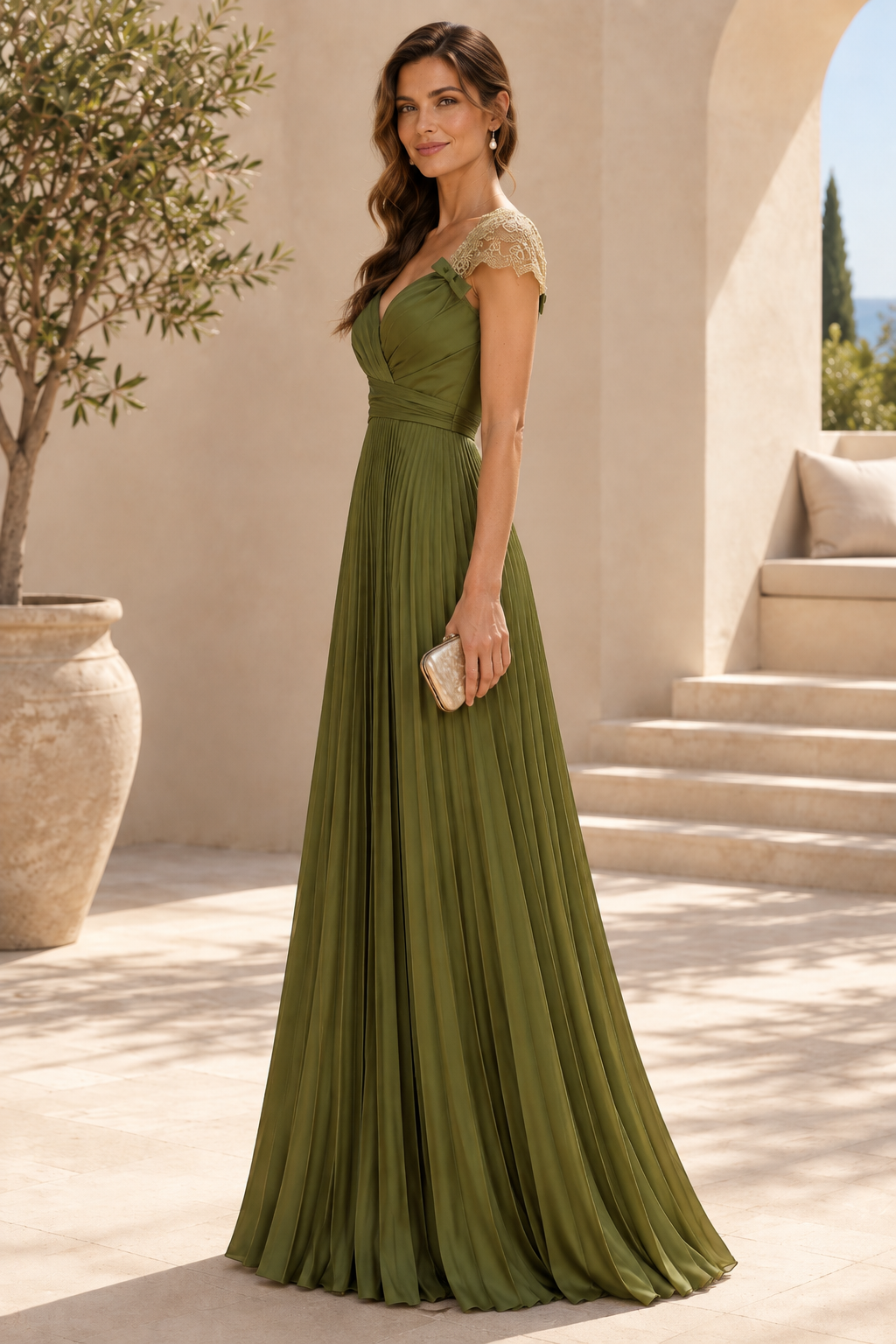 Pleated A-Line Gown with Lace Cap Sleeves