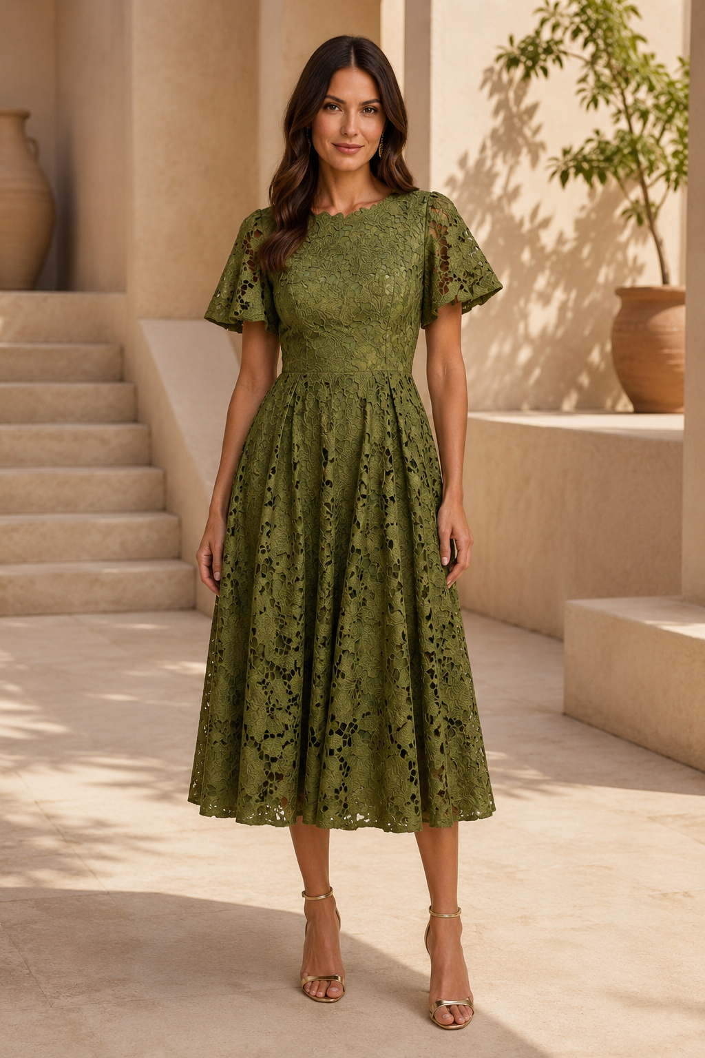 Olive Lace Midi Dress with Flutter Sleeves