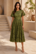 Olive Lace Midi Dress with Flutter Sleeves