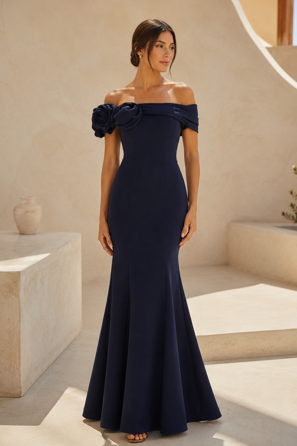 Off-Shoulder Rose Applique Mermaid Evening Gown