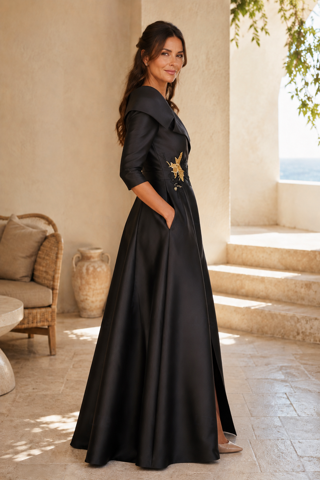 A-Line Satin Evening Gown with Portrait Collar & High Slit