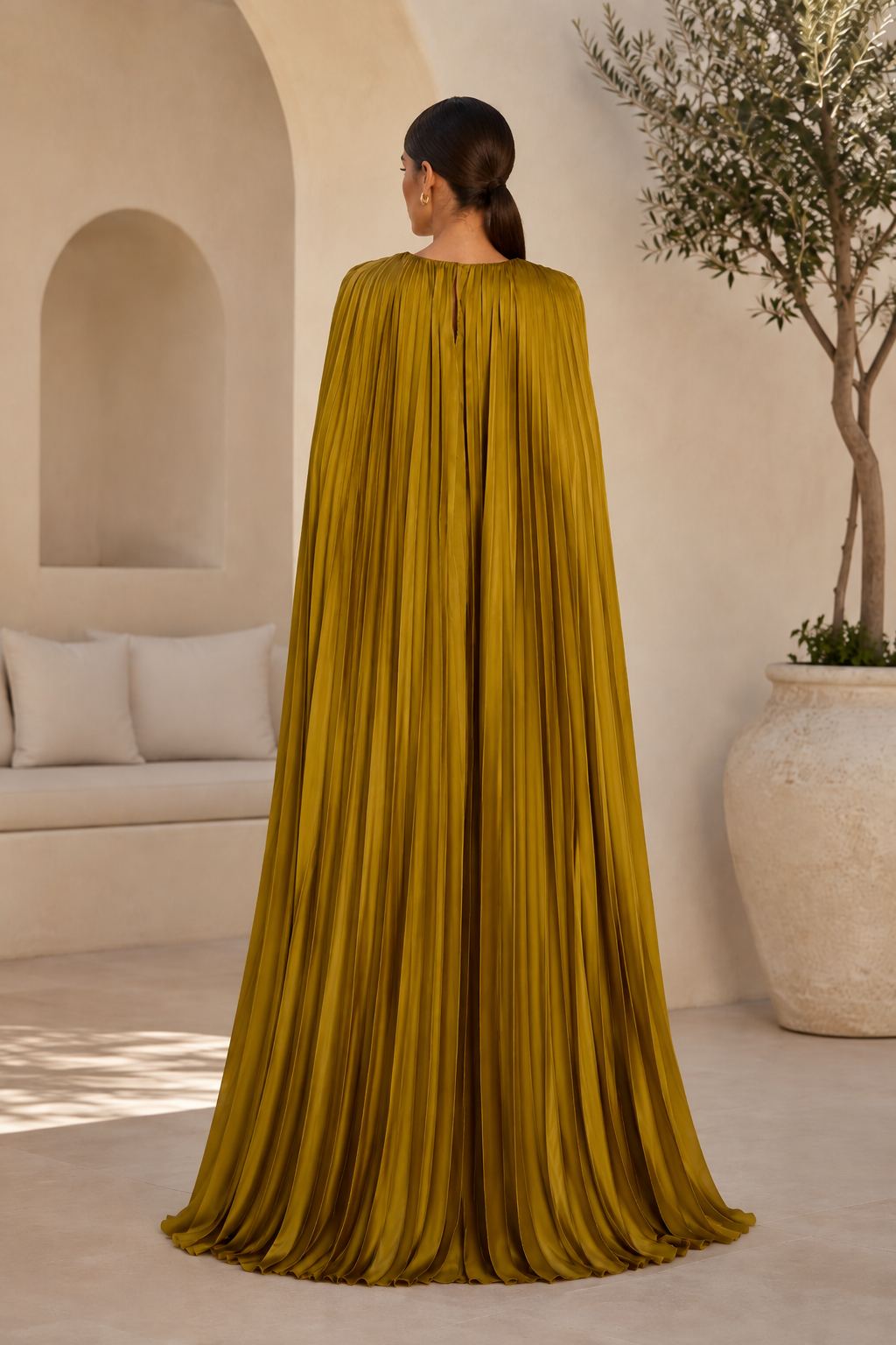 Pleated Satin Cape Gown with Deep V Neckline