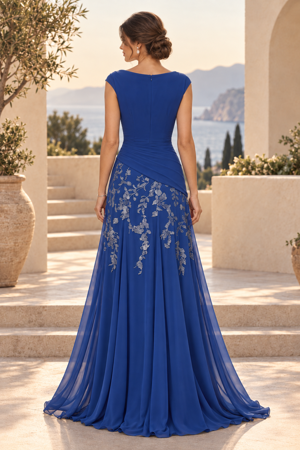 Ruched Cowl Bodice Gown with Embroidered Skirt