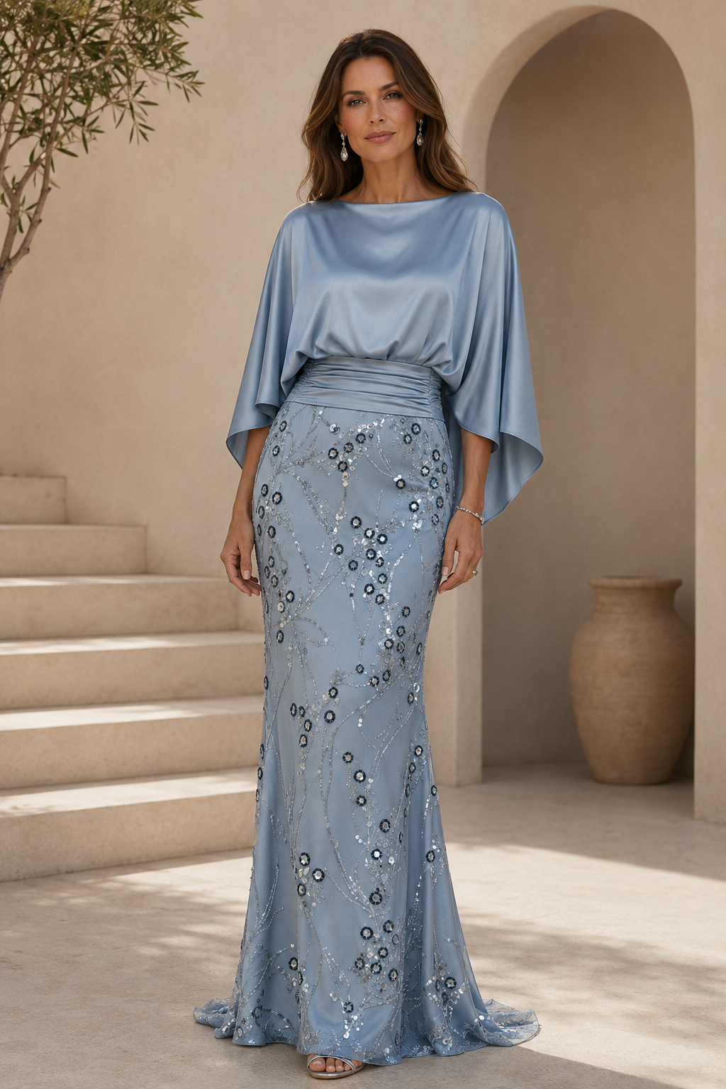 Batwing Sleeve Sequin Floor-Length Gown