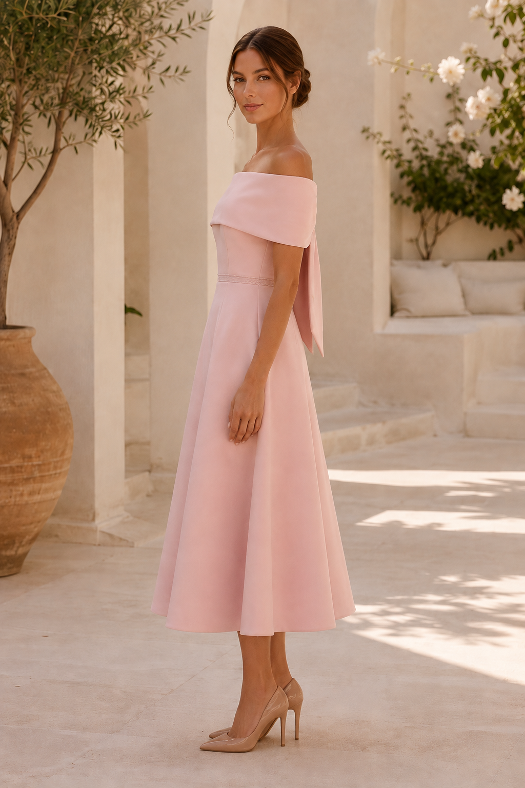 Off-the-Shoulder Bow Back Midi Dress with Pockets