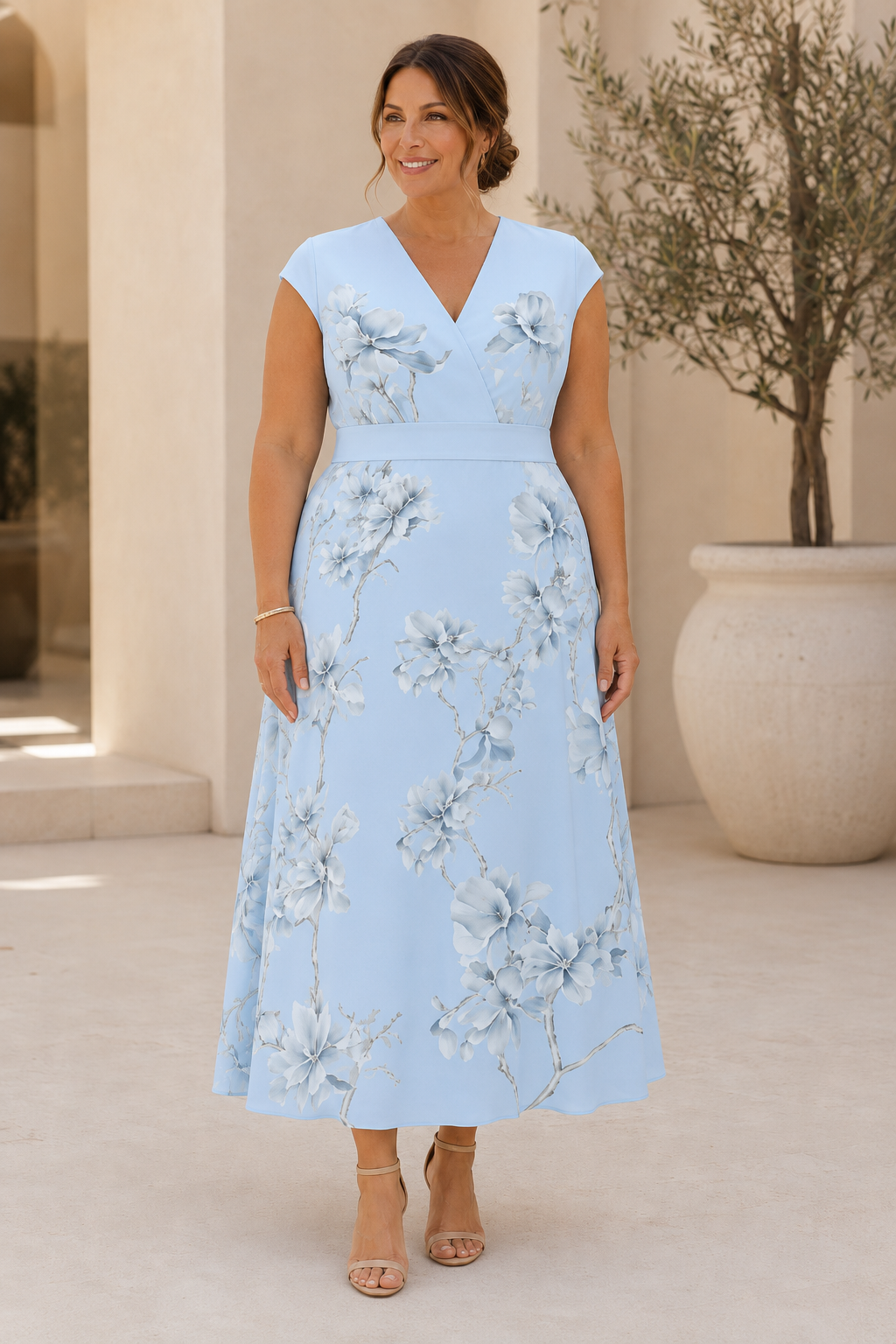 Floral Print Cap Sleeve A-Line Midi Dress