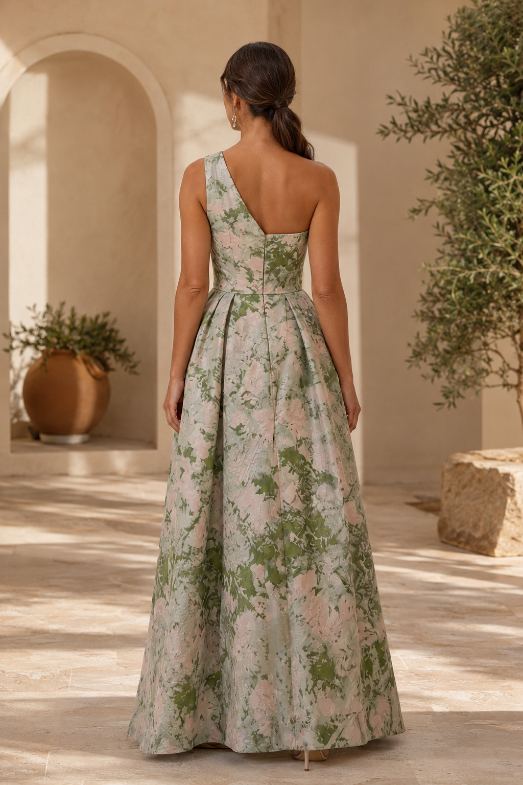One-Shoulder Floral Print Gown with High Slit