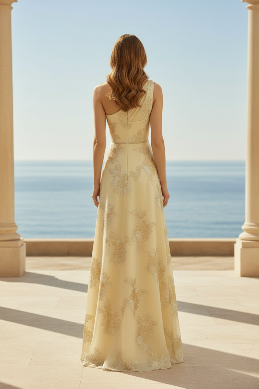One-Shoulder Floral Jacquard A-Line Evening Gown