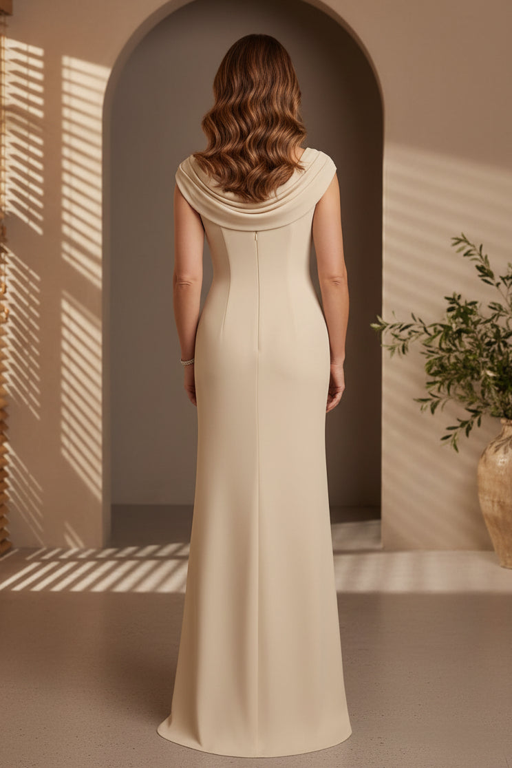 Cowl Neck Crepe Evening Gown with High Slit