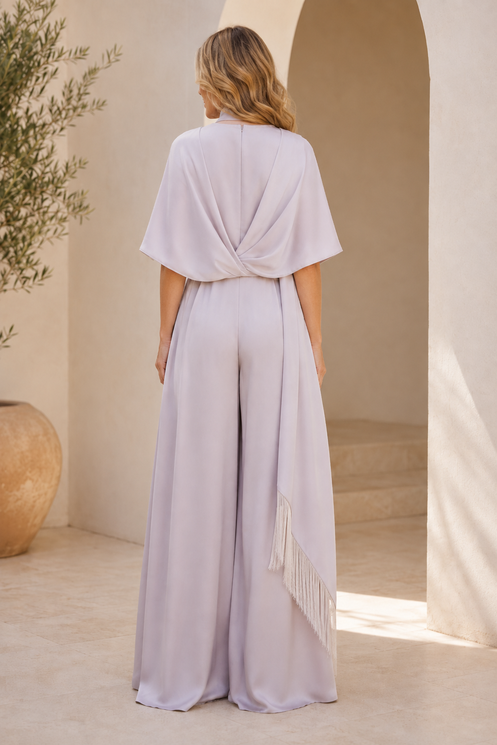 Wide-Leg Jumpsuit with Scarf and Floral Applique