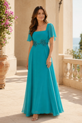 Square Neck Chiffon A-Line Dress with Flutter Sleeves