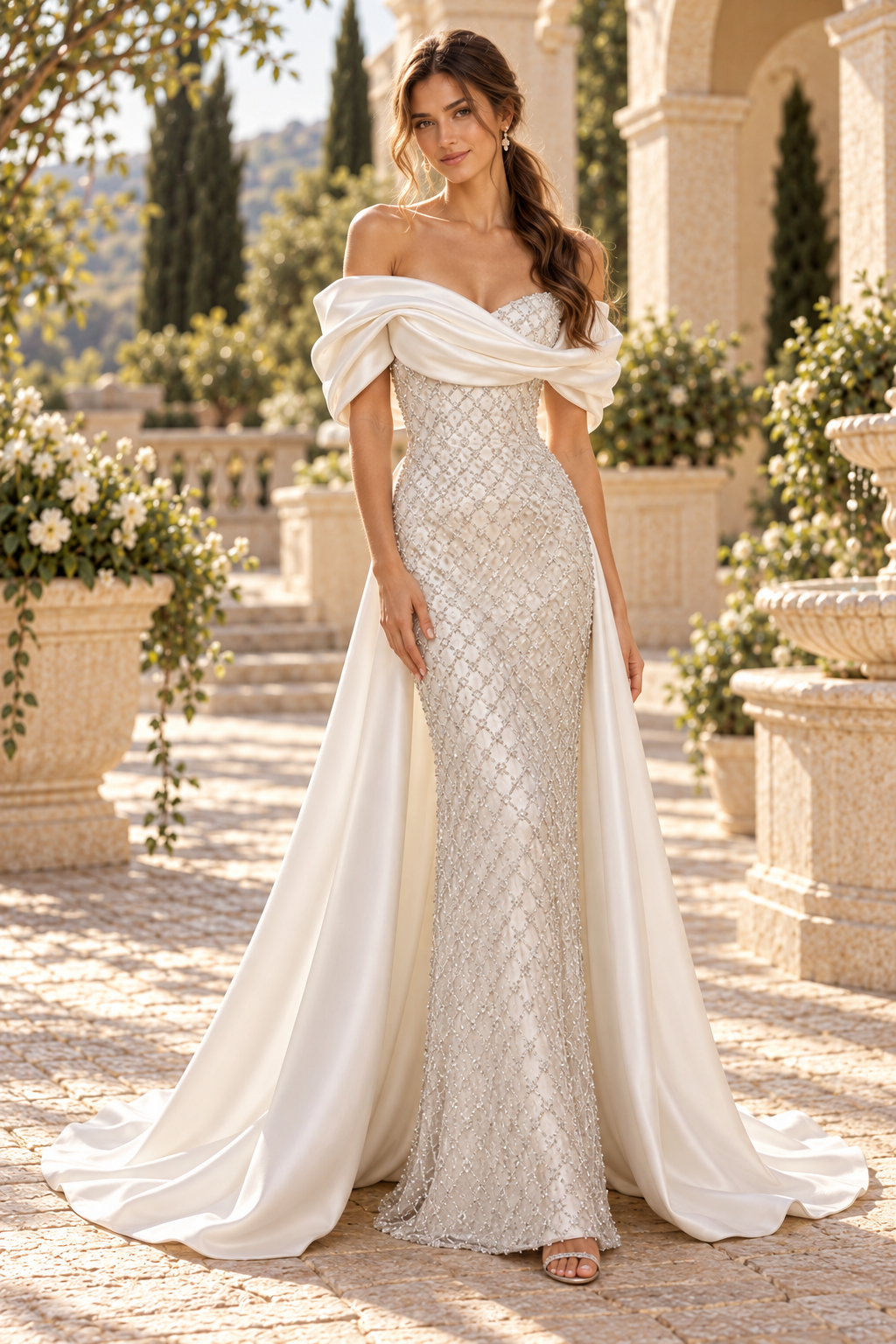 Beaded Column Gown with Satin Train