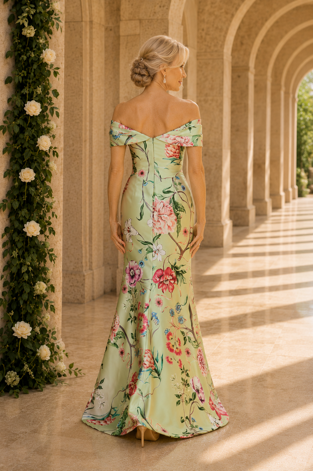 Floral Satin Off-the-Shoulder Trumpet Gown