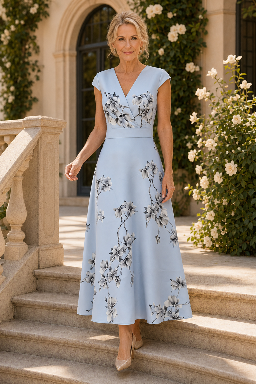 Floral Print V-Neck A-Line Ankle-Length Dress
