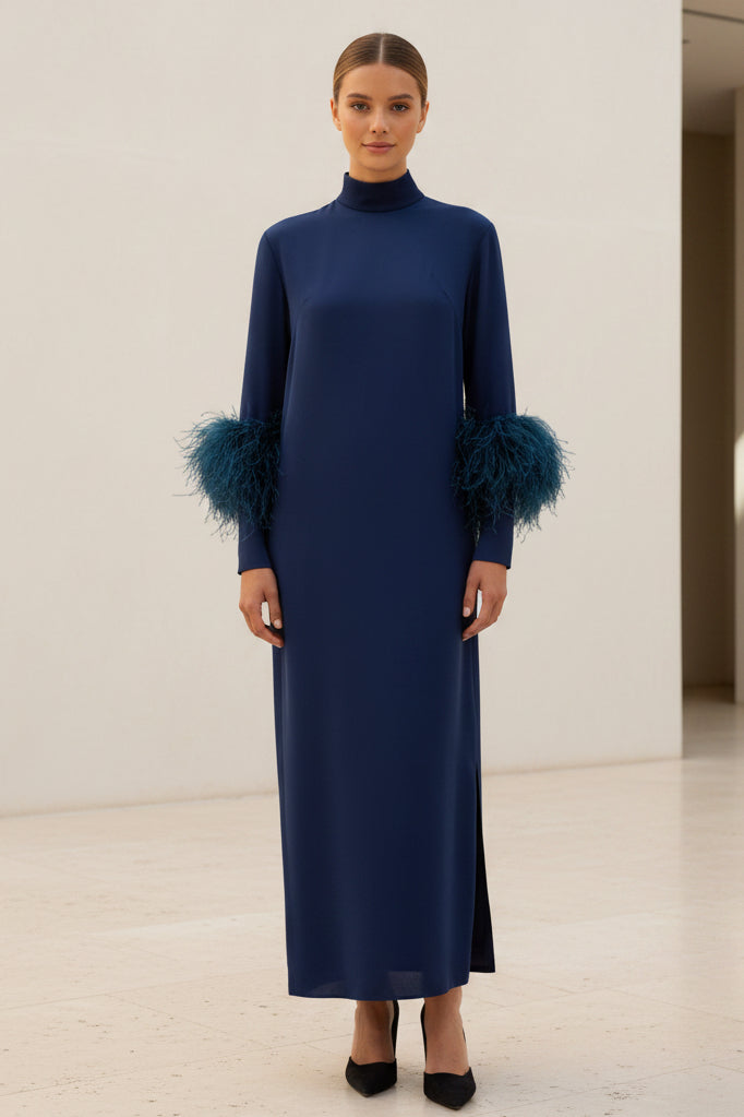 High Neck Column Maxi Dress with Feather Cuffs