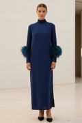 High Neck Column Maxi Dress with Feather Cuffs