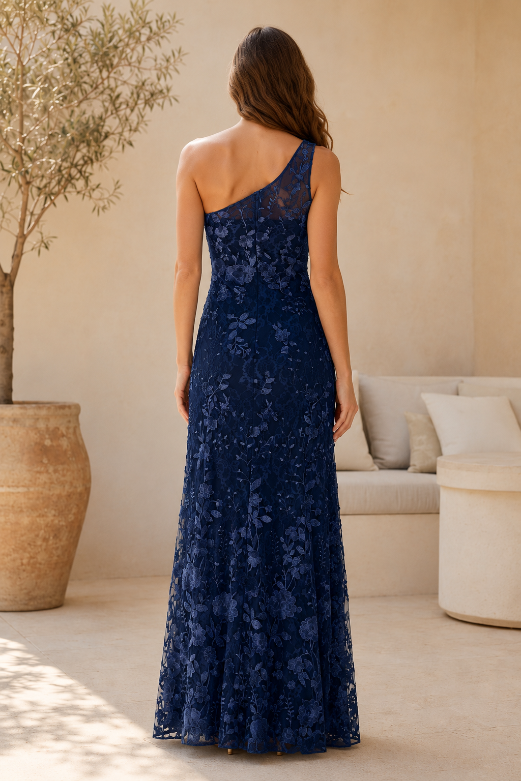 One Shoulder Floral Lace Evening Gown