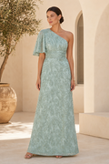 One Shoulder Flutter Sleeve Floral Lace Evening Gown