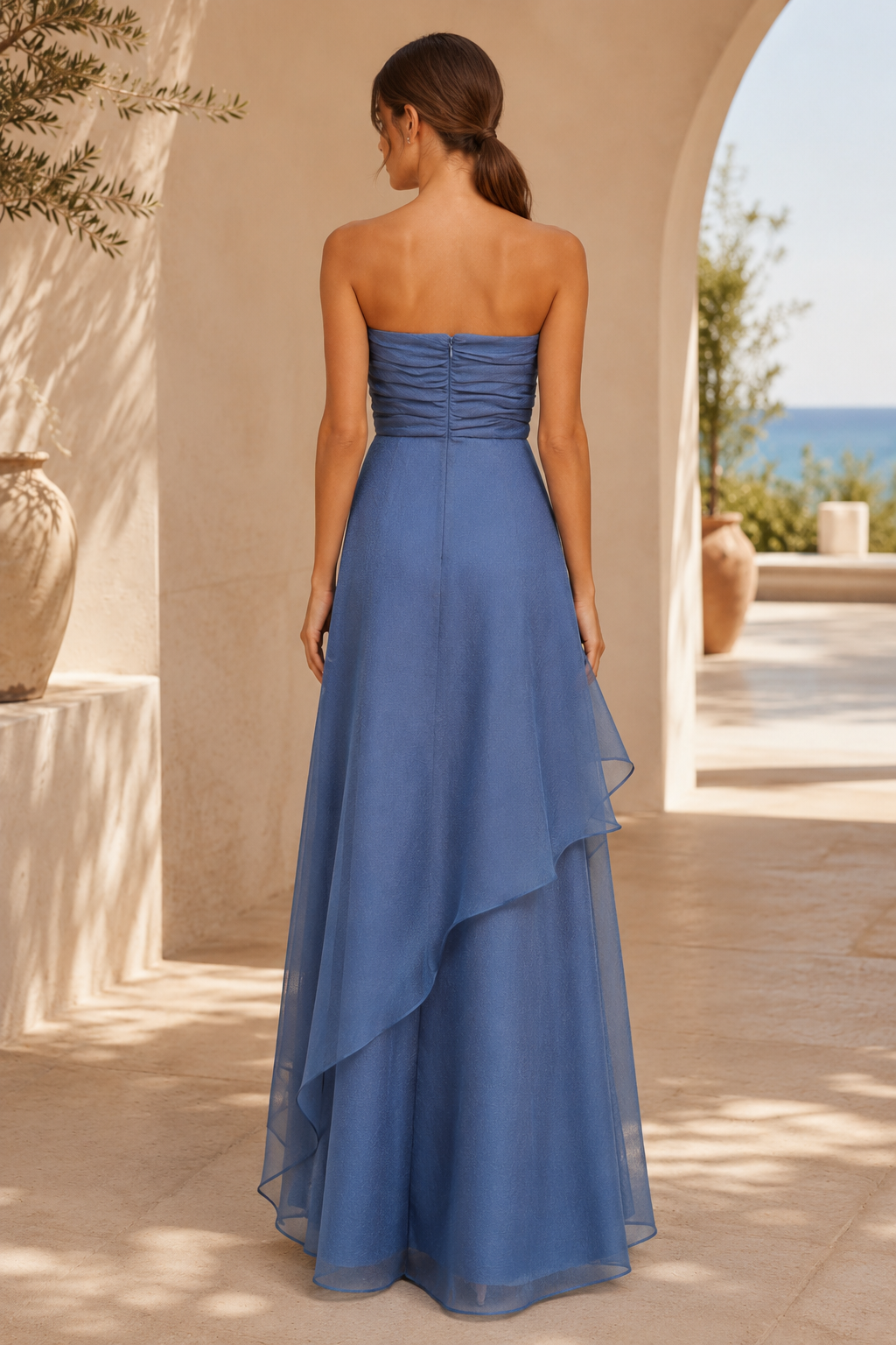 Strapless Tiered Organza Maxi Evening Gown