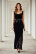 Sweetheart Velvet Midi Dress with Lace Trim and Bow